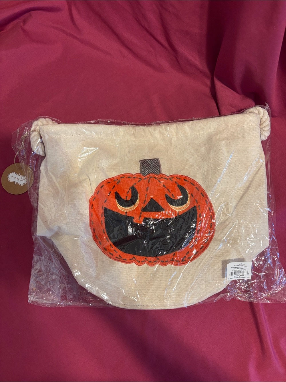 Mud Pie Cream Canvas Pumpkin Satchel with Orange/Black Graphic